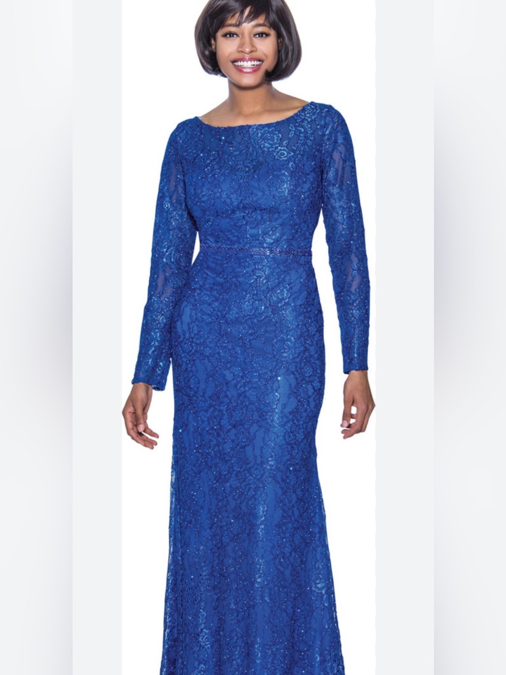 Annabelle Cobalt Blue Lace Long-Sleeve Evening Dress